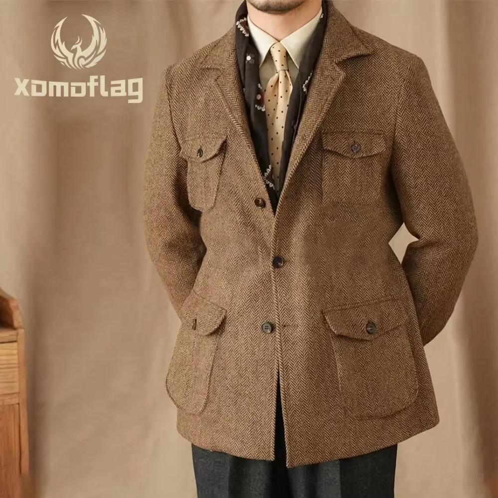 Costumes pour hommes Vintage Blazer en Tweed à chevrons mélange de laine britannique Double boutonnage léger manteau de Sport décontracté veste formelle