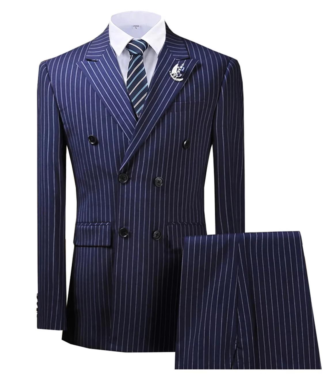 Costumes pour hommes à rayures vert Olive Double boutonnage pour mariage sur mesure homme Costume marié 2 pièces