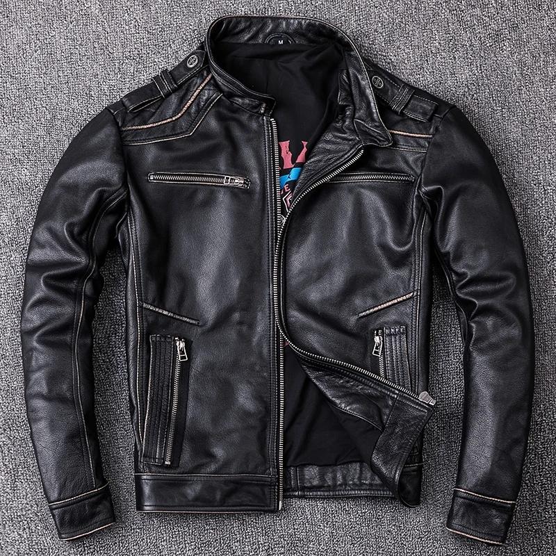Veste en cuir de vachette véritable noir rétro pour hommes