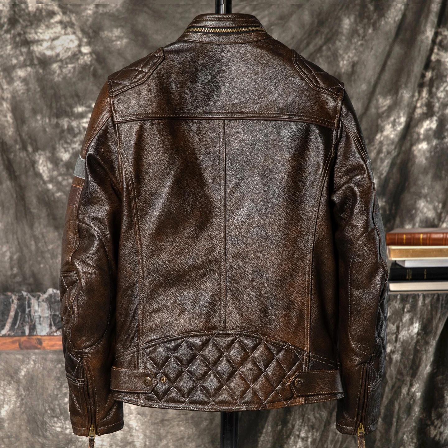 Veste d'automne en cuir marron foncé pour hommes