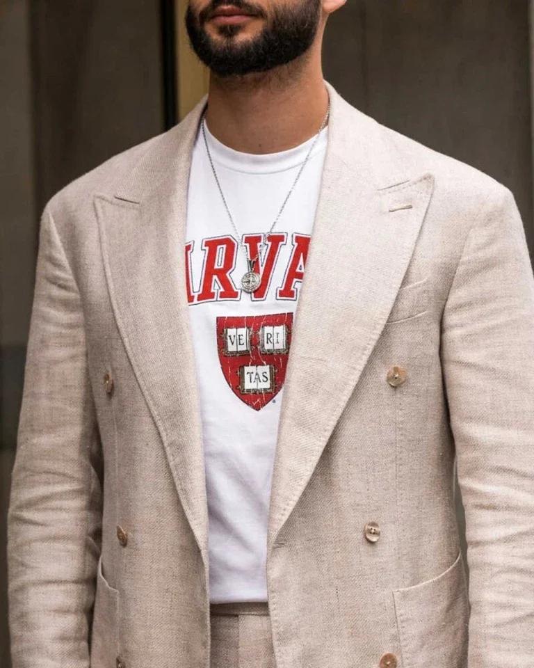 Costume de veste en lin beige d'été pour homme