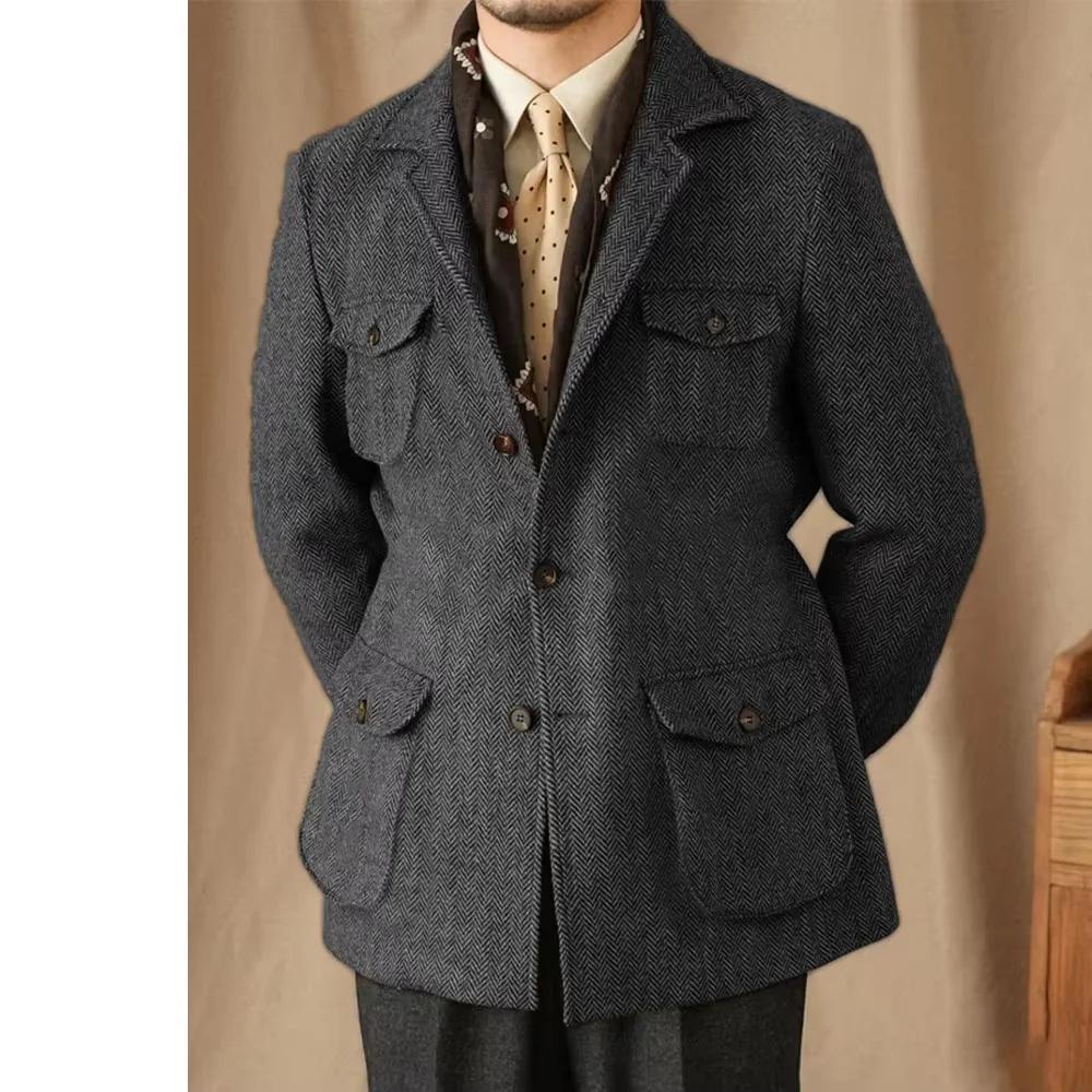 Costumes pour hommes Vintage Blazer en Tweed à chevrons mélange de laine britannique Double boutonnage léger manteau de Sport décontracté veste formelle