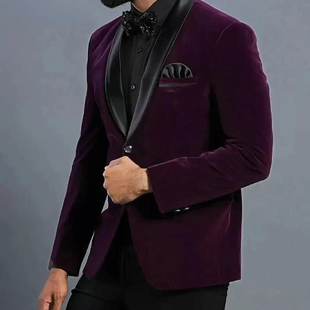 Blazer de costume en velours violet pour homme