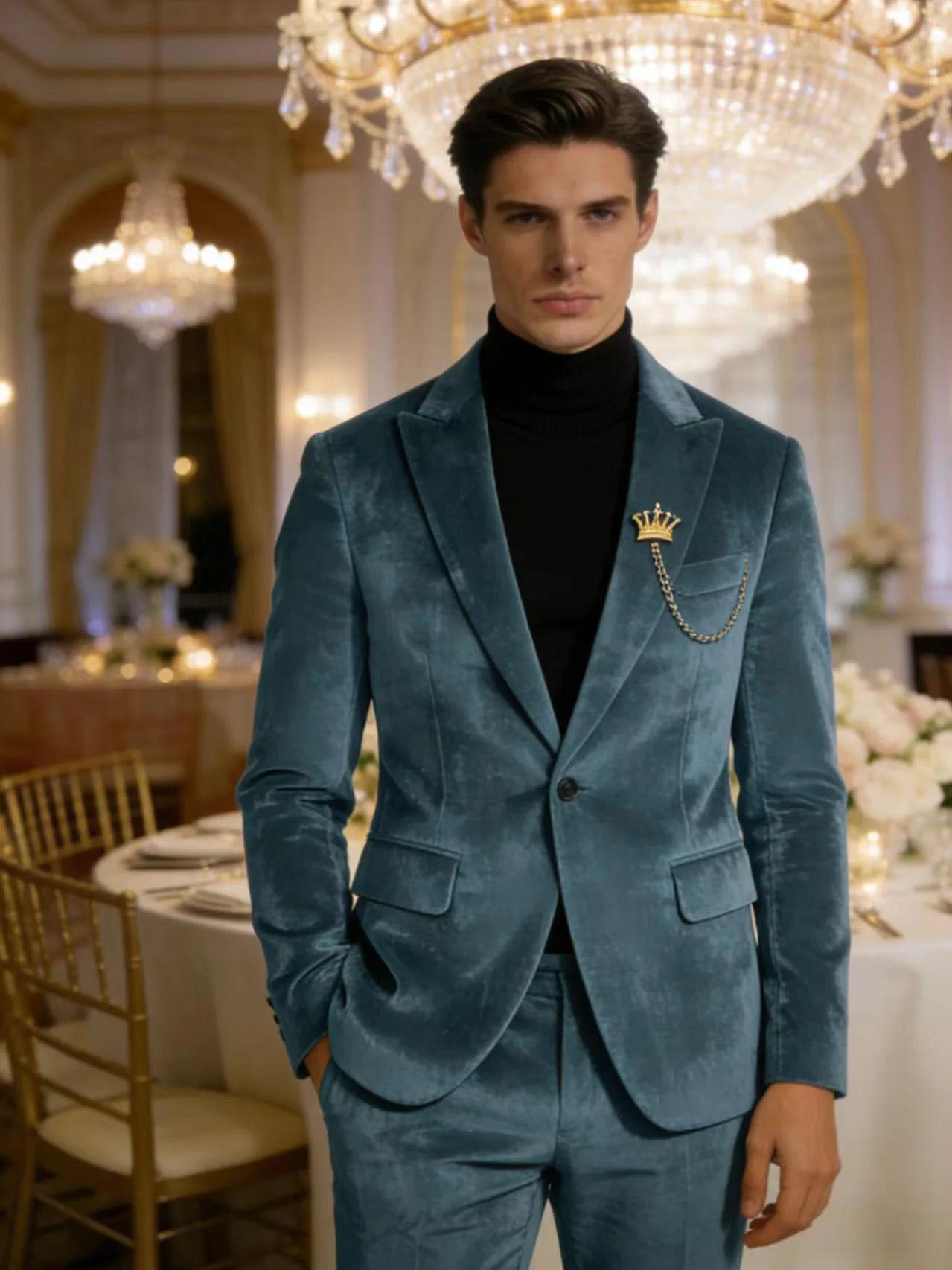 Blazer en velours vert sarcelle pour homme