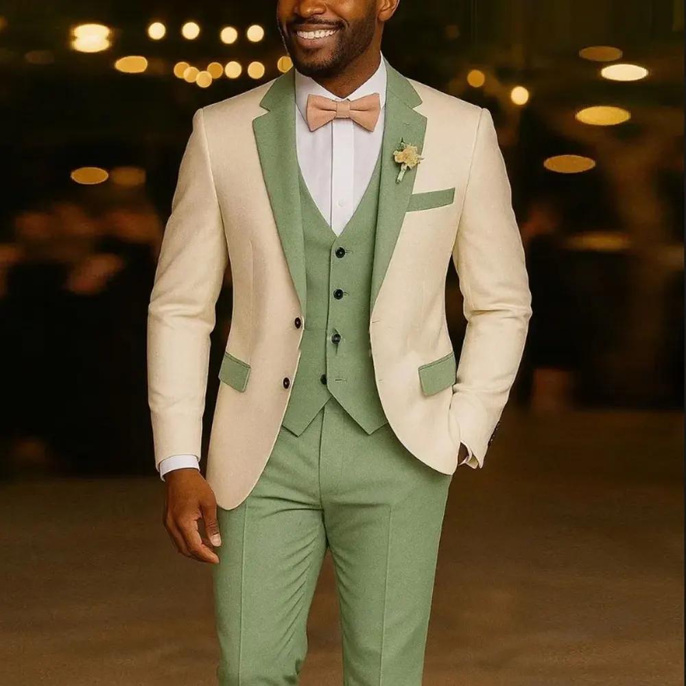 Costumes de costume pour hommes 3 pièces Blazer vert clair gilet pantalon Tuxedos de mariage