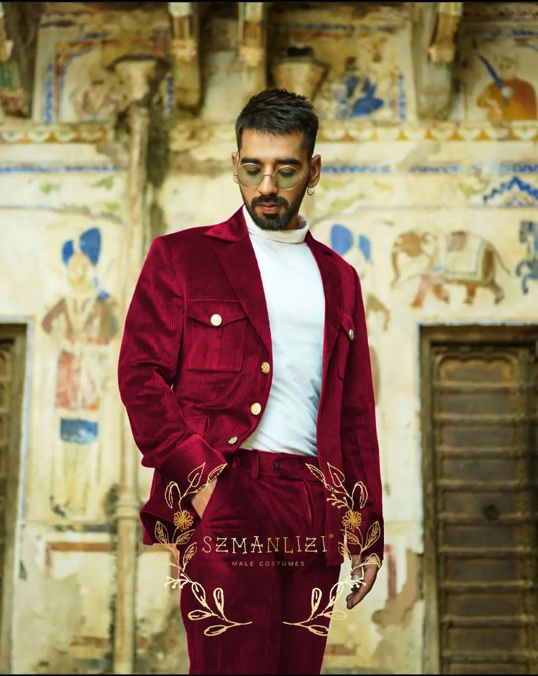 Costume Homme vert velours côtelé Vintage hommes costumes sur mesure 2 pièces ensemble mariage marié personnalisé smoking bal coupe ajustée veste pantalon