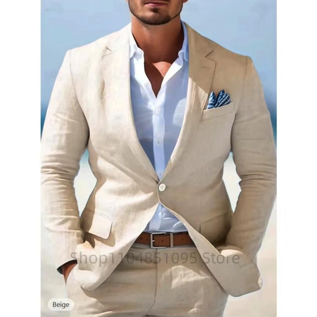 Costumes en lin beige/bleu pour hommes