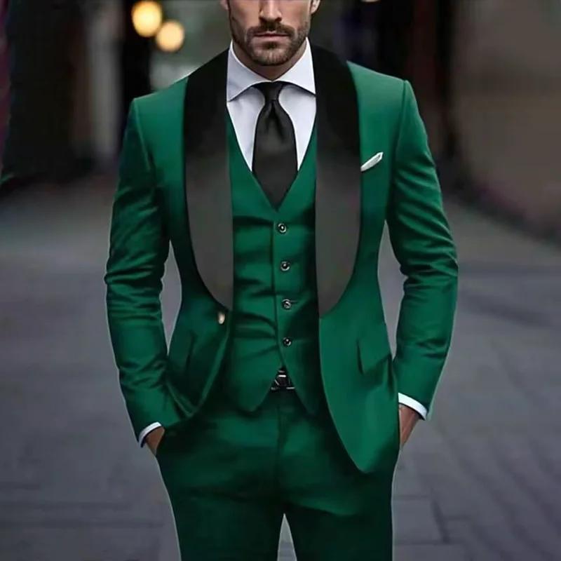 Costume homme élégant vert hommes costumes Blazer formel noir châle revers coupe ajustée vêtements de haute qualité 3 pièces veste pantalon gilet