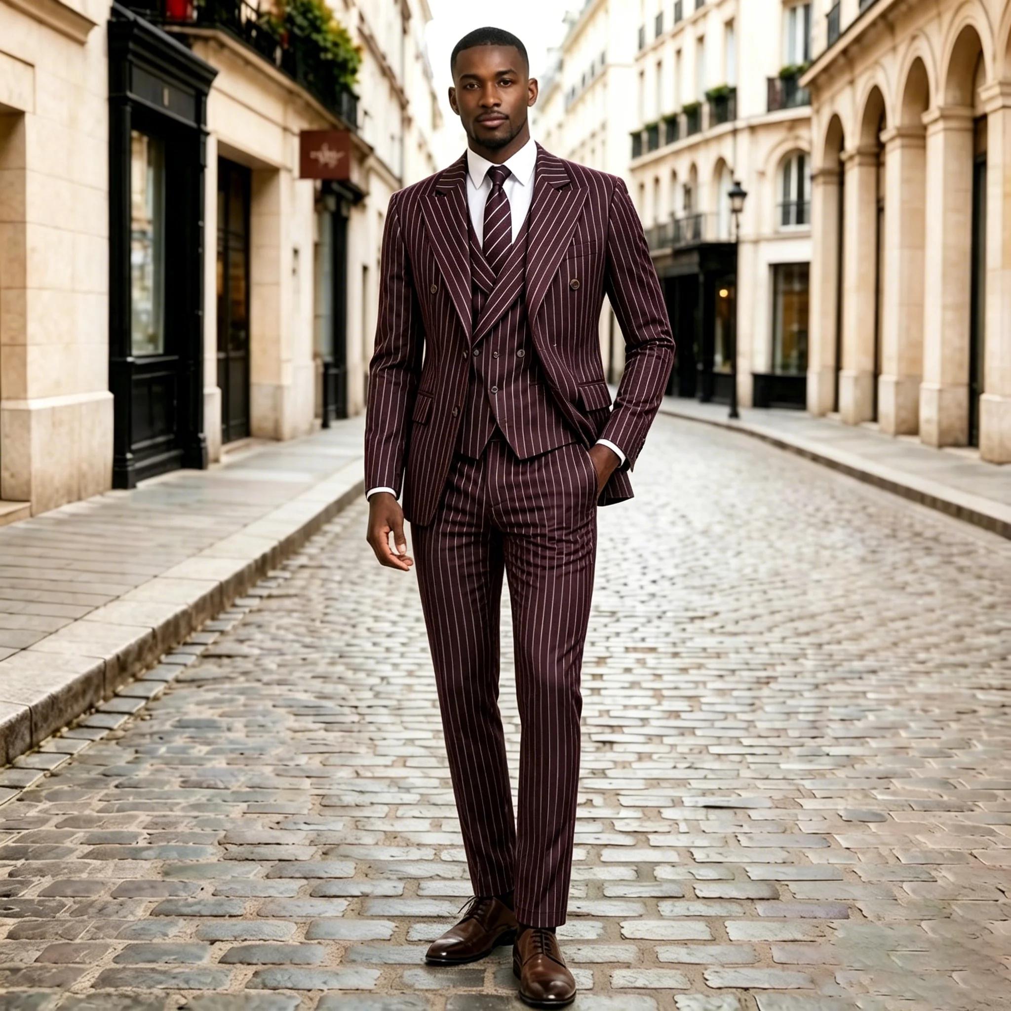 Costume Homme Rayé Bordeaux 3 Pièces Revers Pointus Croisé Coupe Slim pour Marié