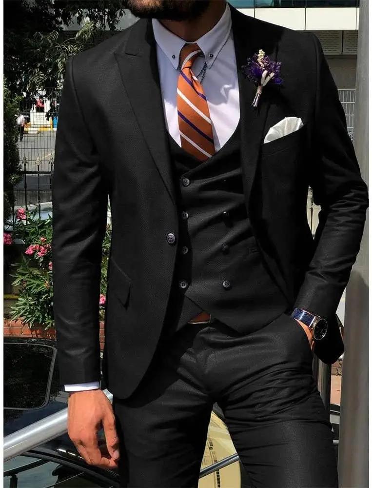 Bleu foncé 3 pièces mince hommes mode Costume Cutsom marié Mariage smoking bal