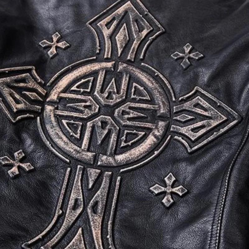 Veste en cuir de vachette véritable noir rétro pour hommes
