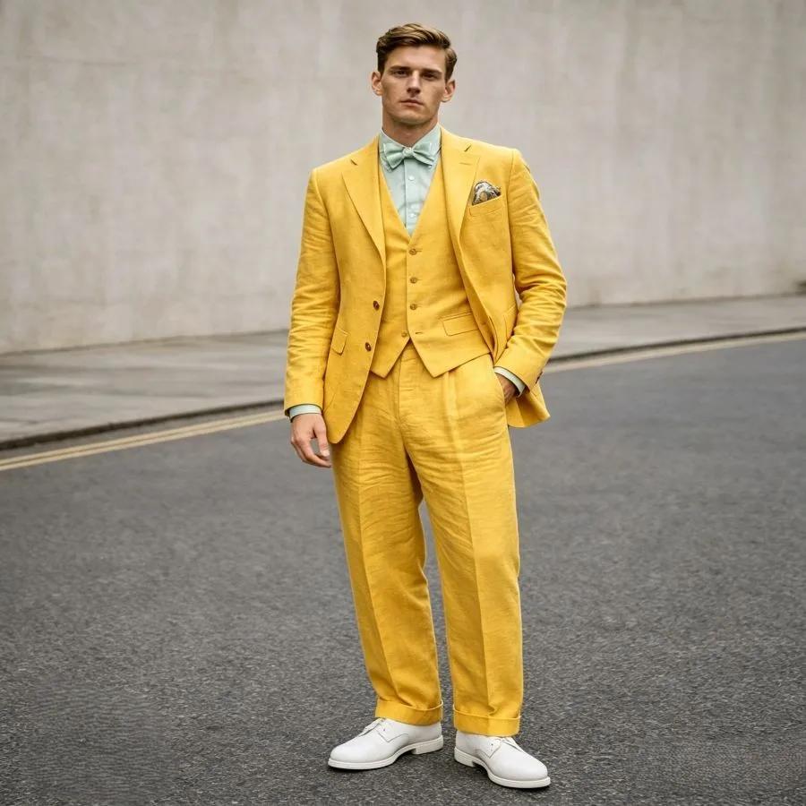 Costume homme en lin bleu ciel 3 pièces