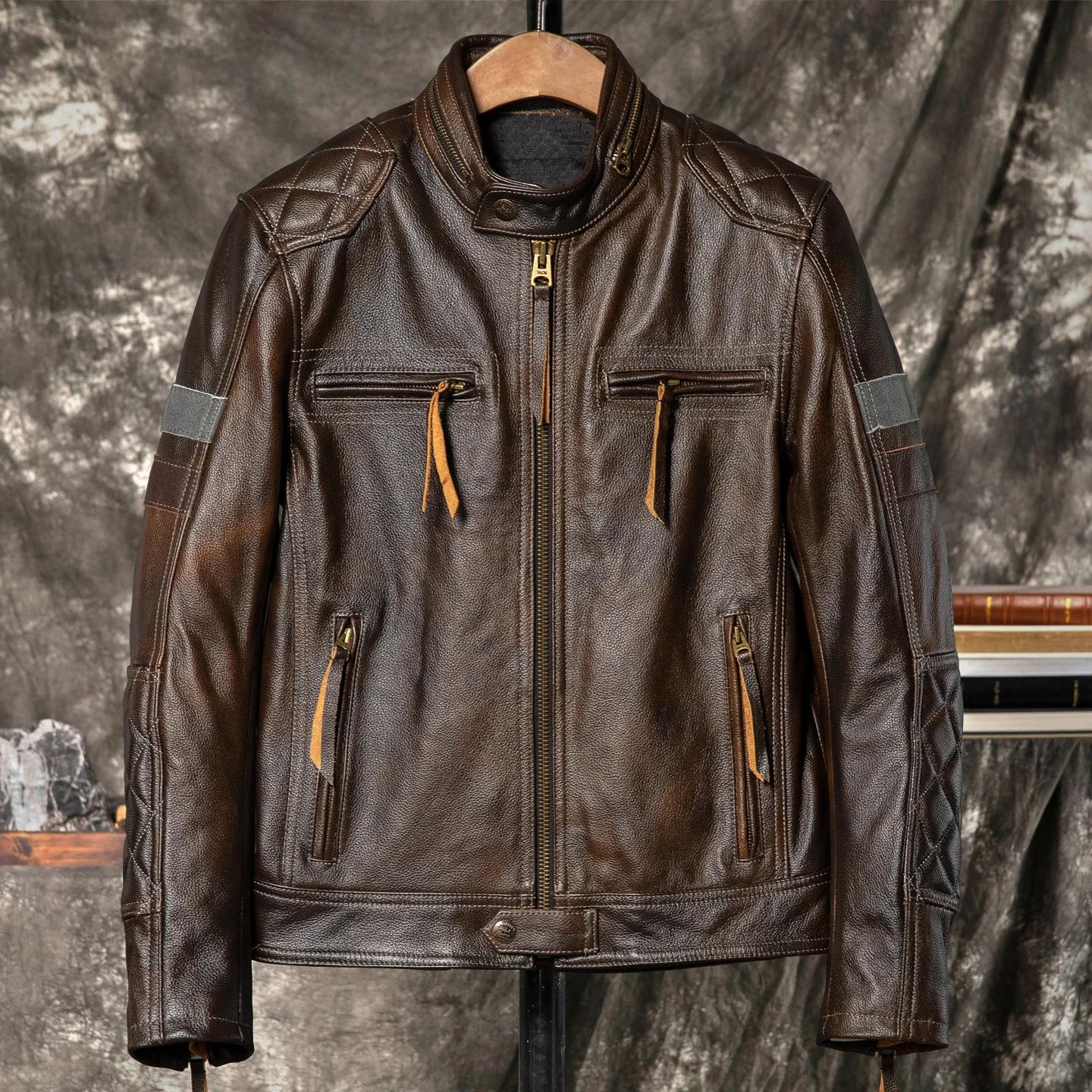 Veste d'automne en cuir marron foncé pour hommes