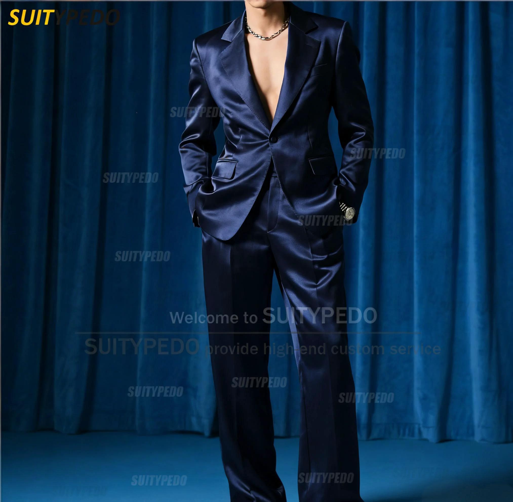 Mode bleu Royal Satin fête bal hommes costume ensembles 2 pièces Blazer et pantalon bref solide un bouton cran revers Homme Costumes