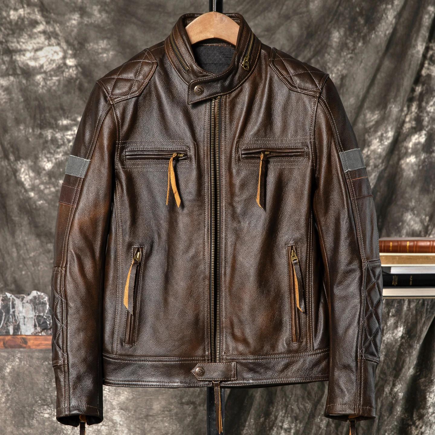 Veste d'automne en cuir marron foncé pour hommes