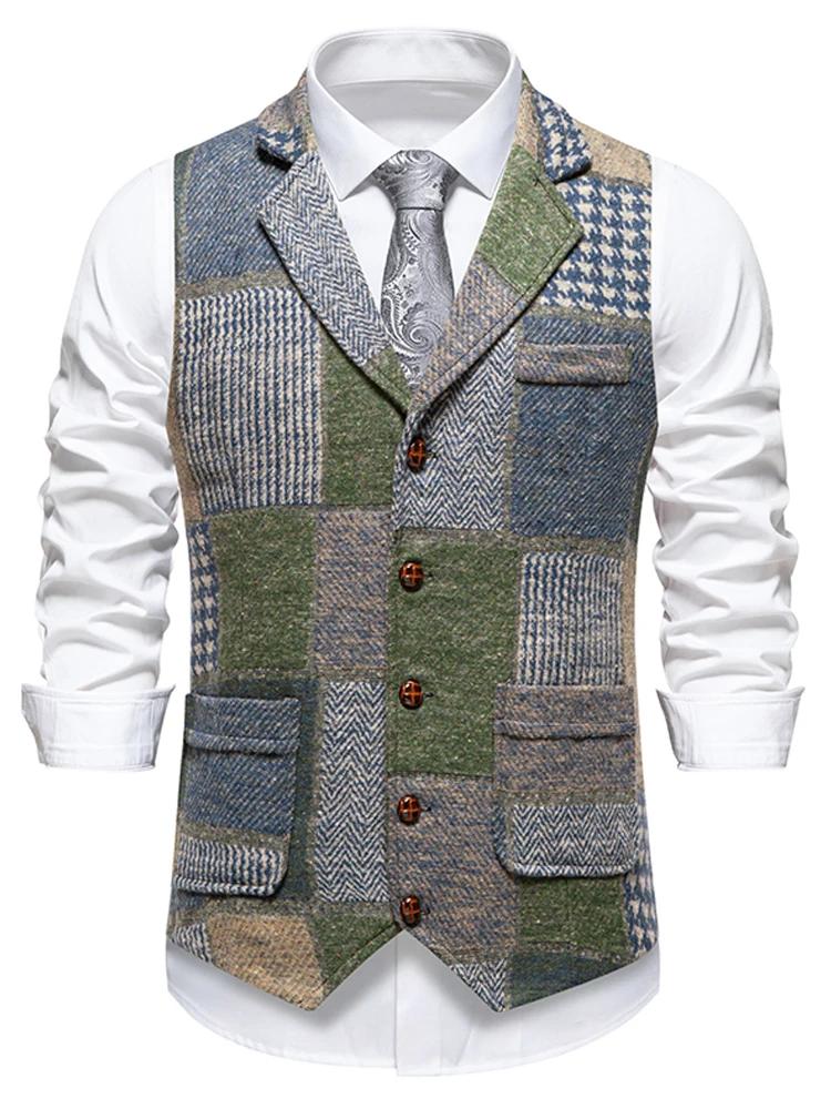 Gilet vert à carreaux en Tweed pour hommes