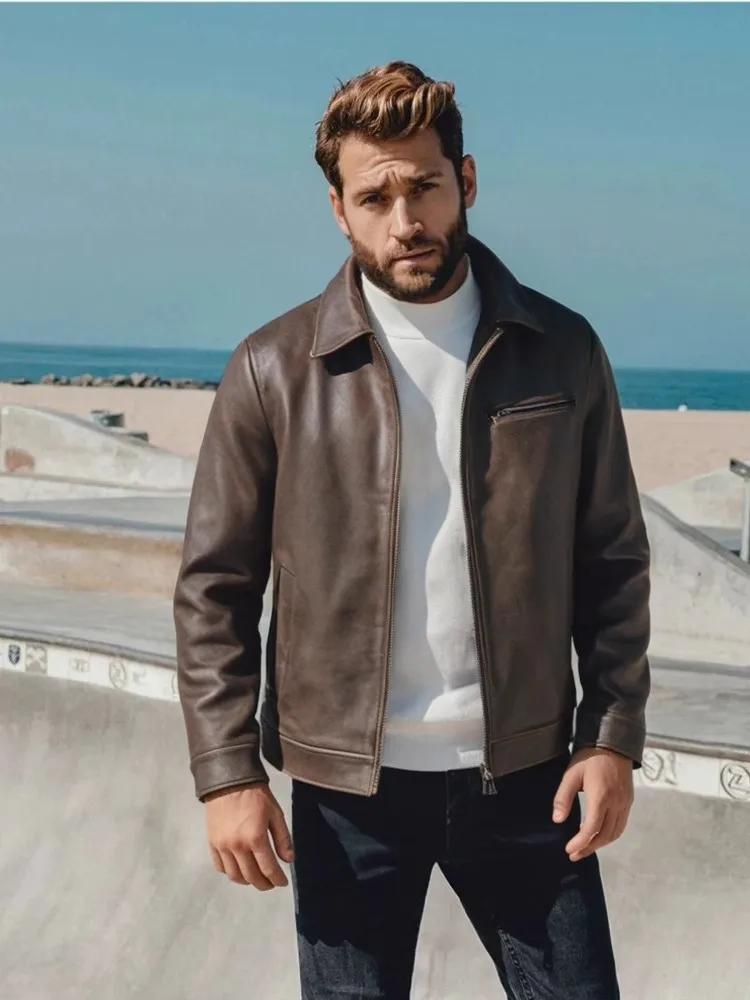 Veste d'automne en cuir véritable pour homme