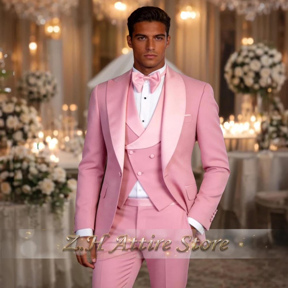 Costume élégant rose pour homme 3 pièces avec veste à revers en satin