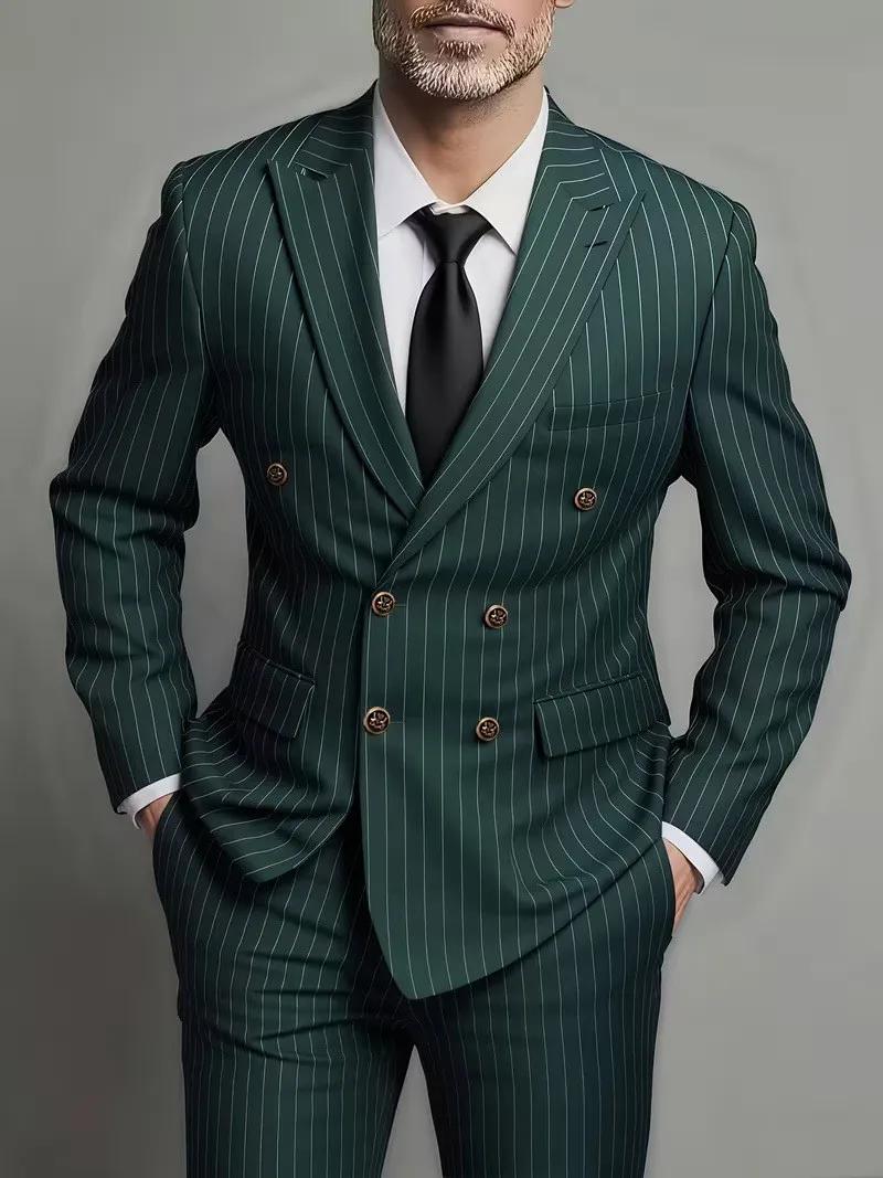 Costume Homme Deux Pièces Croisé Tendance et Ajusté pour Mariage ou Tenue Décontractée en Tissu Rayé