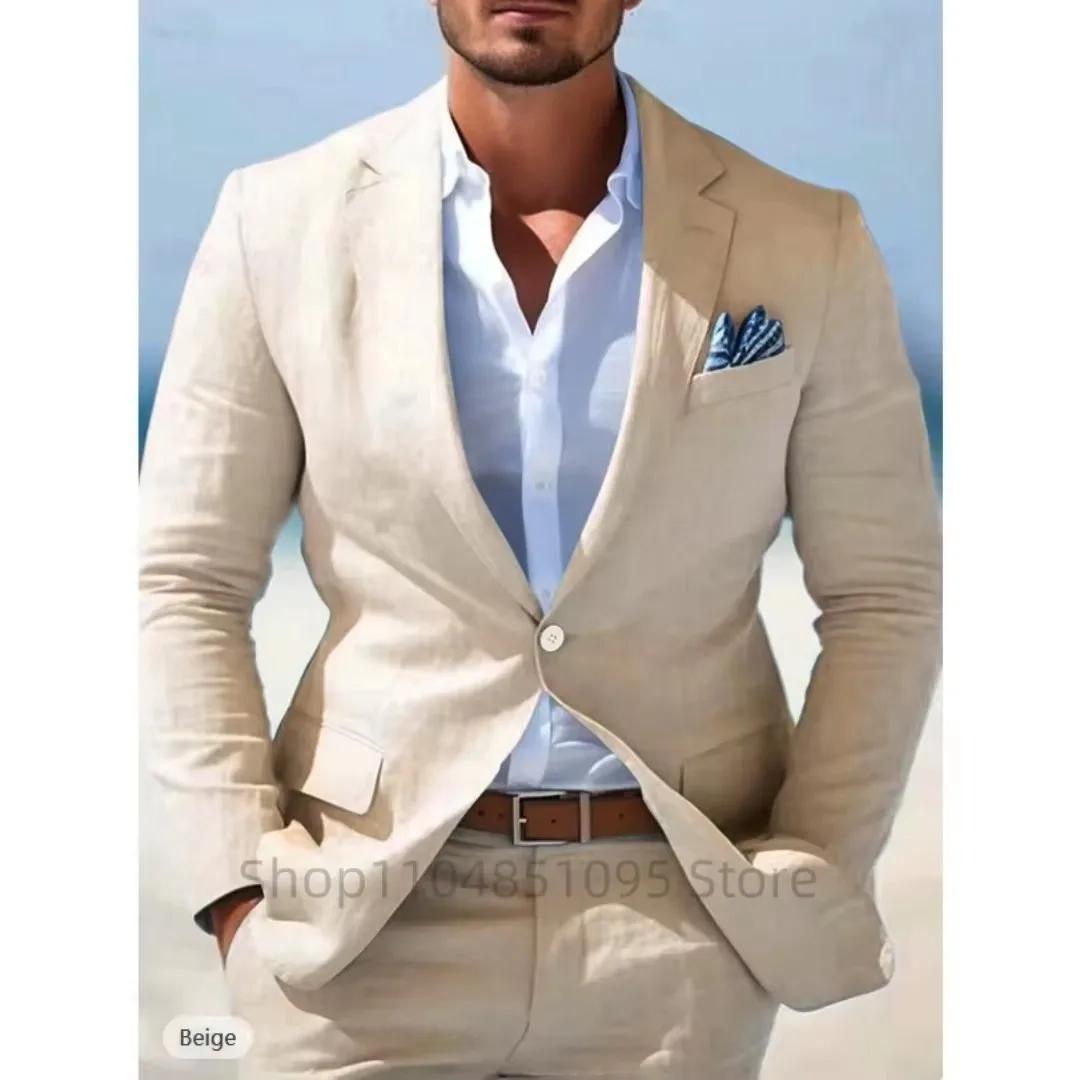 Costumes en lin beige/bleu pour hommes