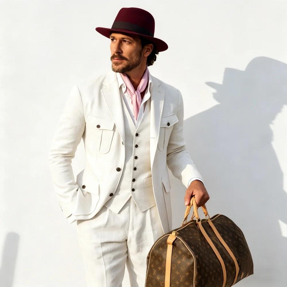 Costumes pour hommes en lin beige Safari 3 pièces