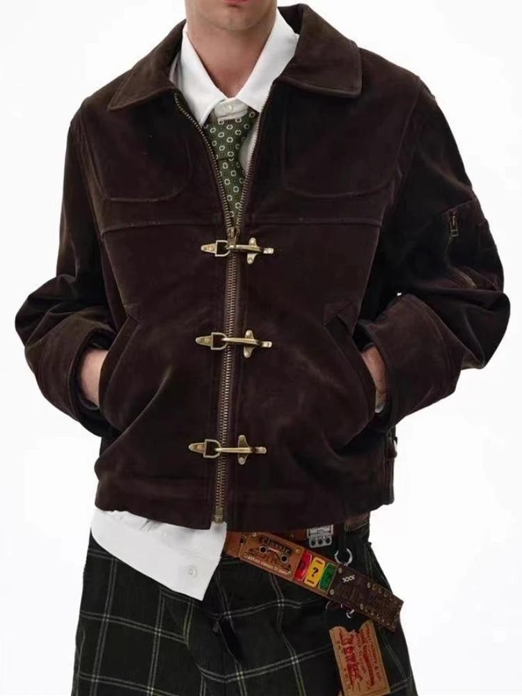 Vintage en détresse manteau en daim hommes déconstruit avion boucle veste unisexe printemps automne marron lambrissé Streetwear vêtements d'extérieur