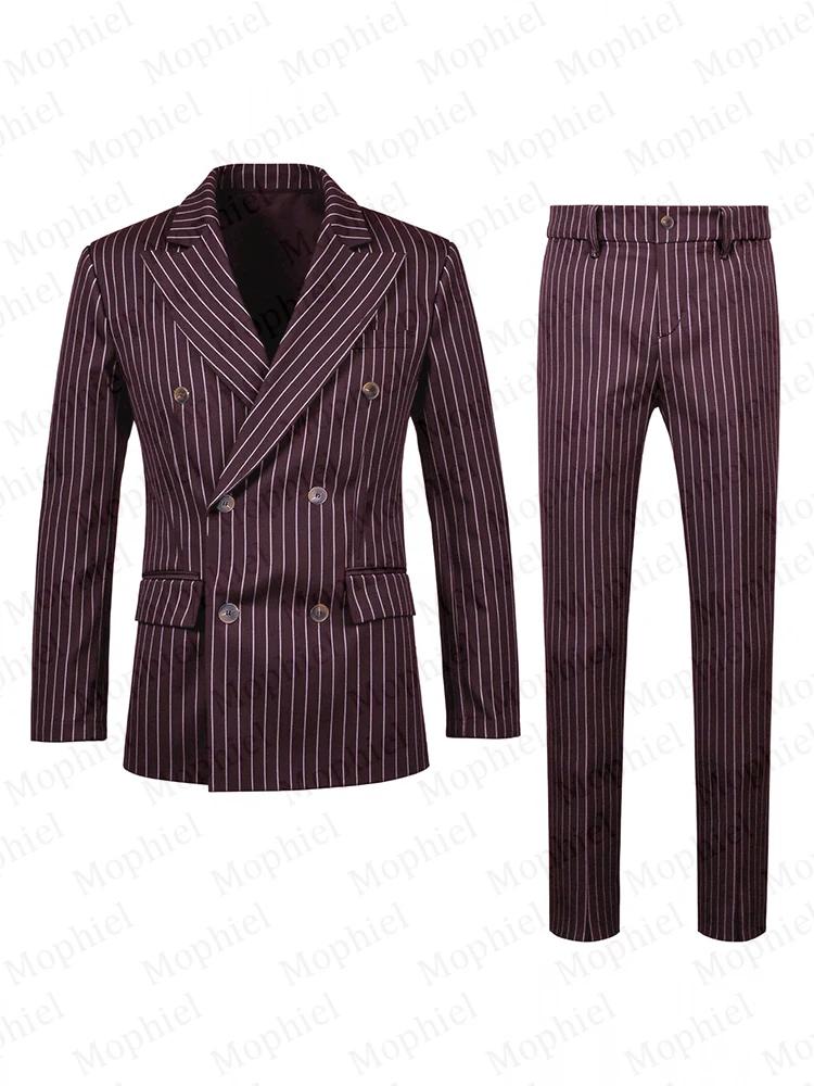 Costume Homme Rayé Bordeaux 3 Pièces Revers Pointus Croisé Coupe Slim pour Marié