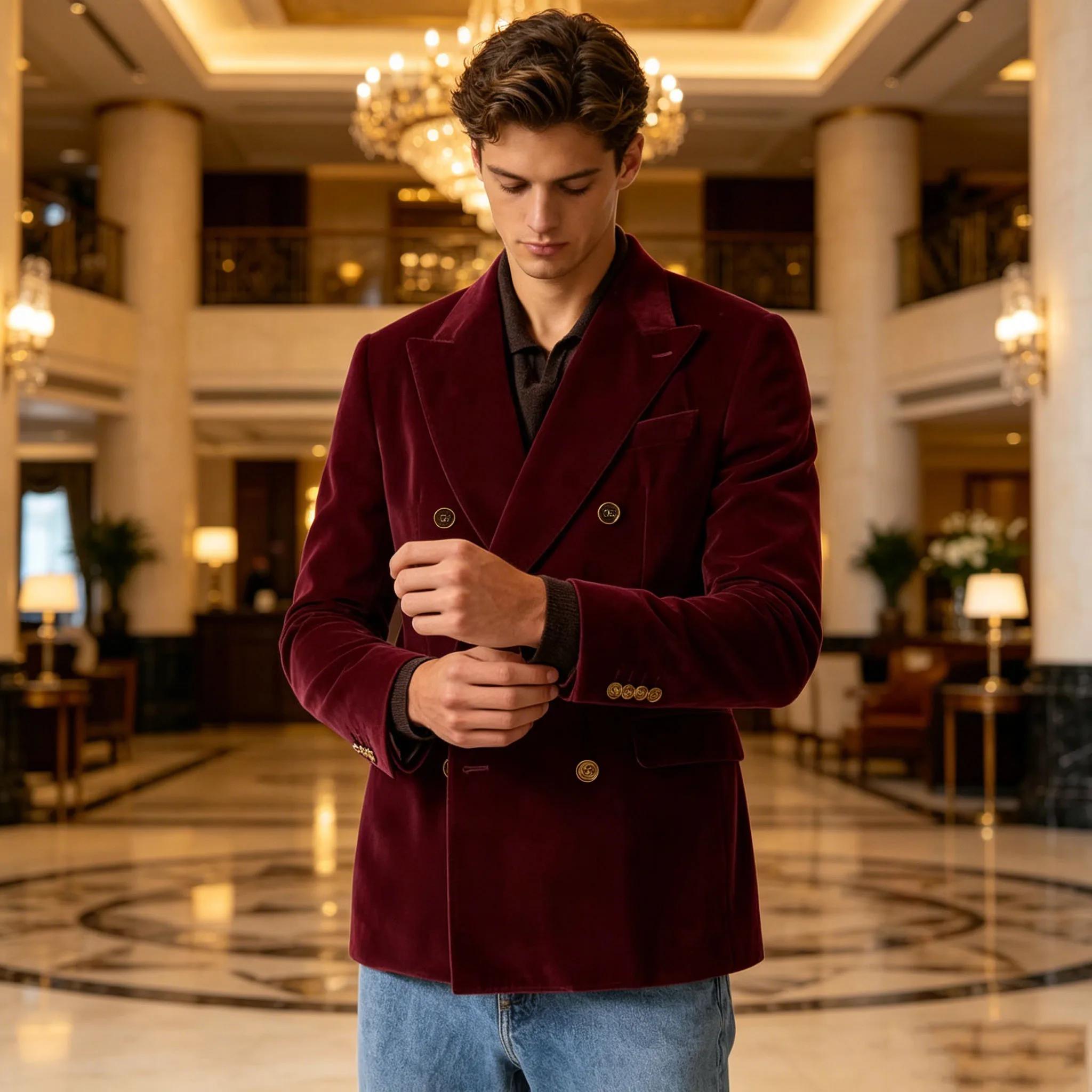 Blazer de costume de luxe pour homme en velours bordeaux