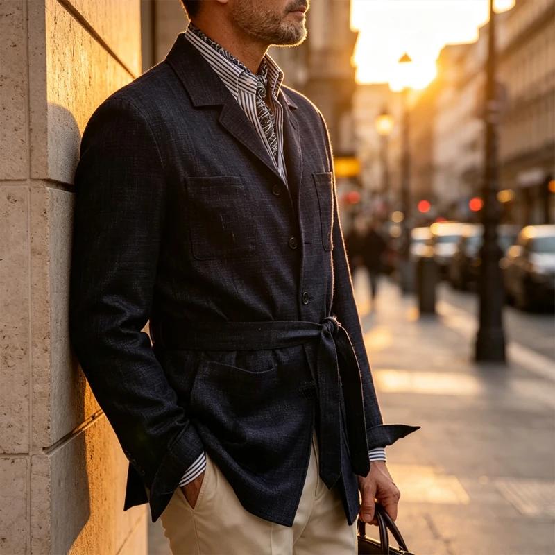 Blazer en lin pour homme avec ceinture