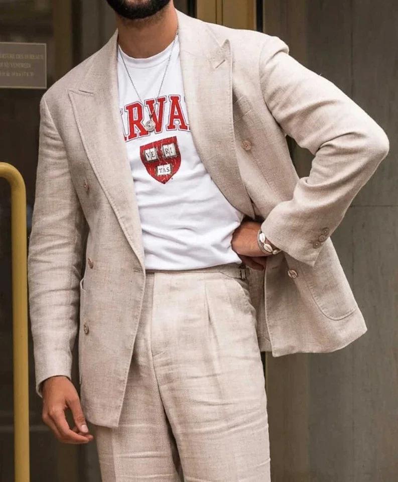 Costume de veste en lin beige d'été pour homme