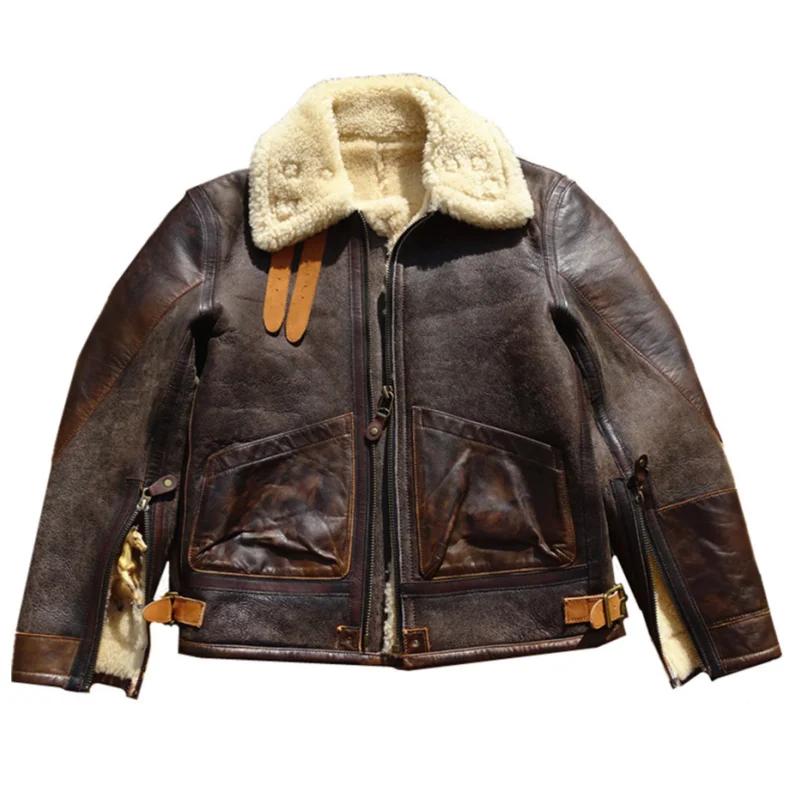 Veste d'hiver en peau de mouton marron foncé pour homme