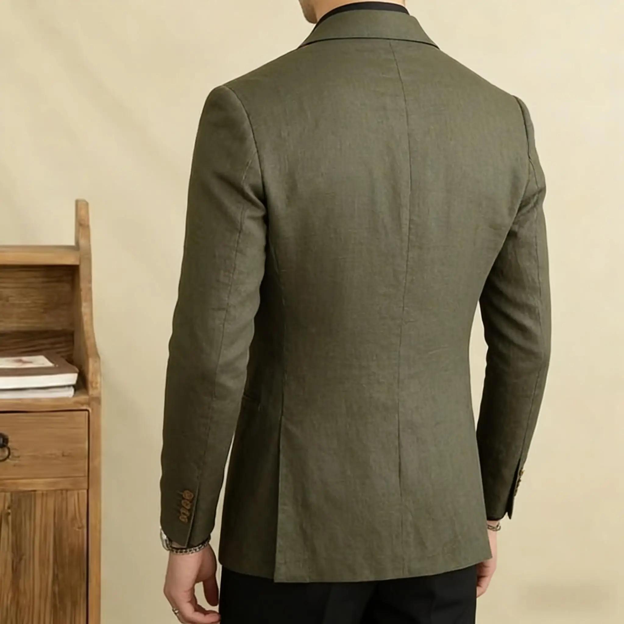 Blazer en lin vintage pour homme, croisé, à revers pointus, coupe ajustée, respirant, doux, infroissable, style business décontracté