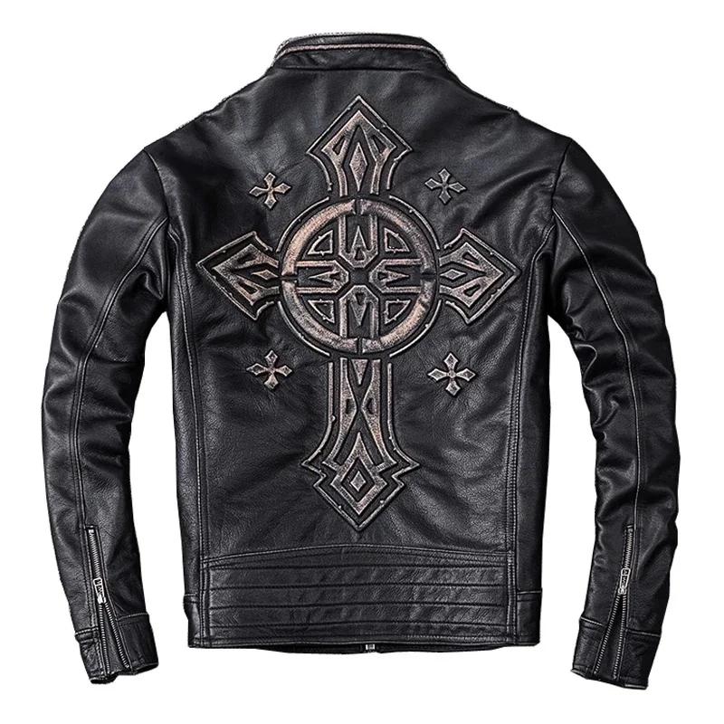 Veste en cuir de vachette véritable noir rétro pour hommes
