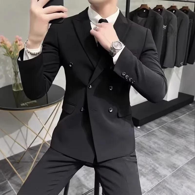 Veste de Costume Homme Élégante Croisée Style Britannique Décontracté Professionnel Manches Longues en Fibre de Polyester Printemps Automne