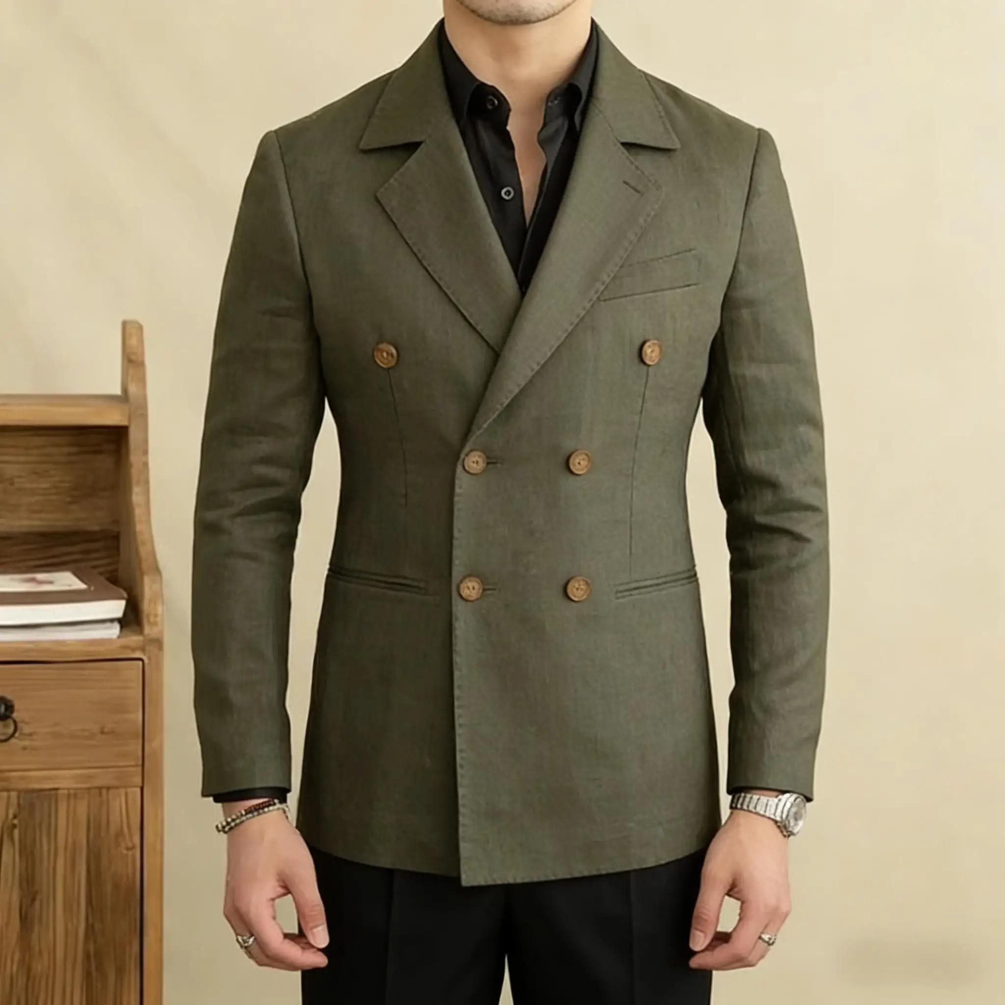Blazer en lin vintage pour homme, croisé, à revers pointus, coupe ajustée, respirant, doux, infroissable, style business décontracté