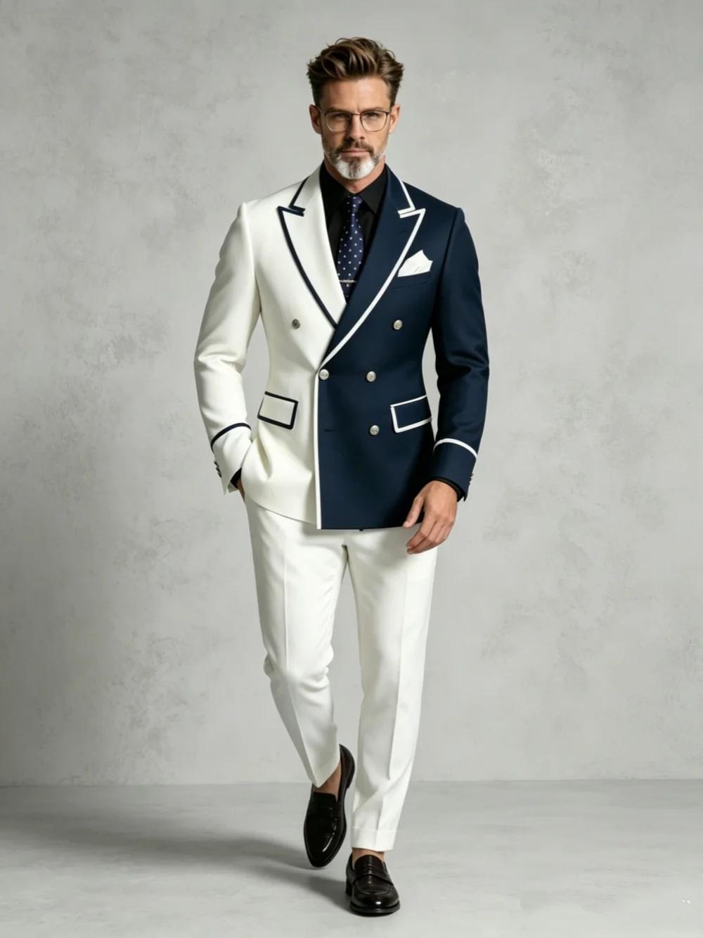 Costume homme blanc et bleu marine contrasté