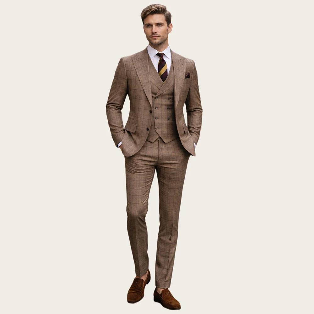 Costume homme 3 pièces à carreaux marron