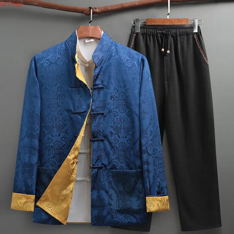 Costume deux pièces bleu pour homme de style chinois : Veste jacquard rouge à col montant et à simple boutonnage