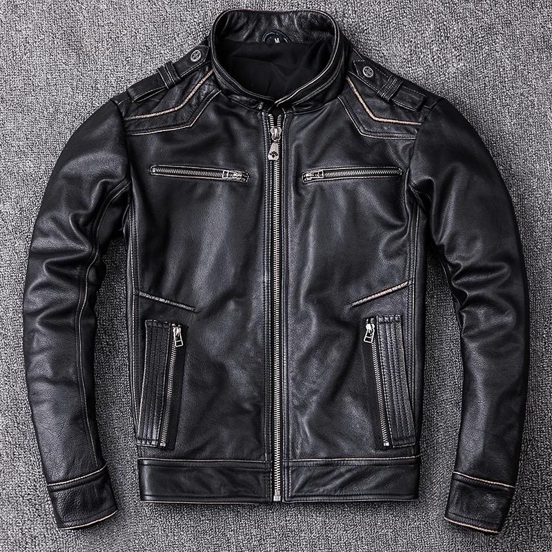 Veste en cuir de vachette véritable noir rétro pour hommes