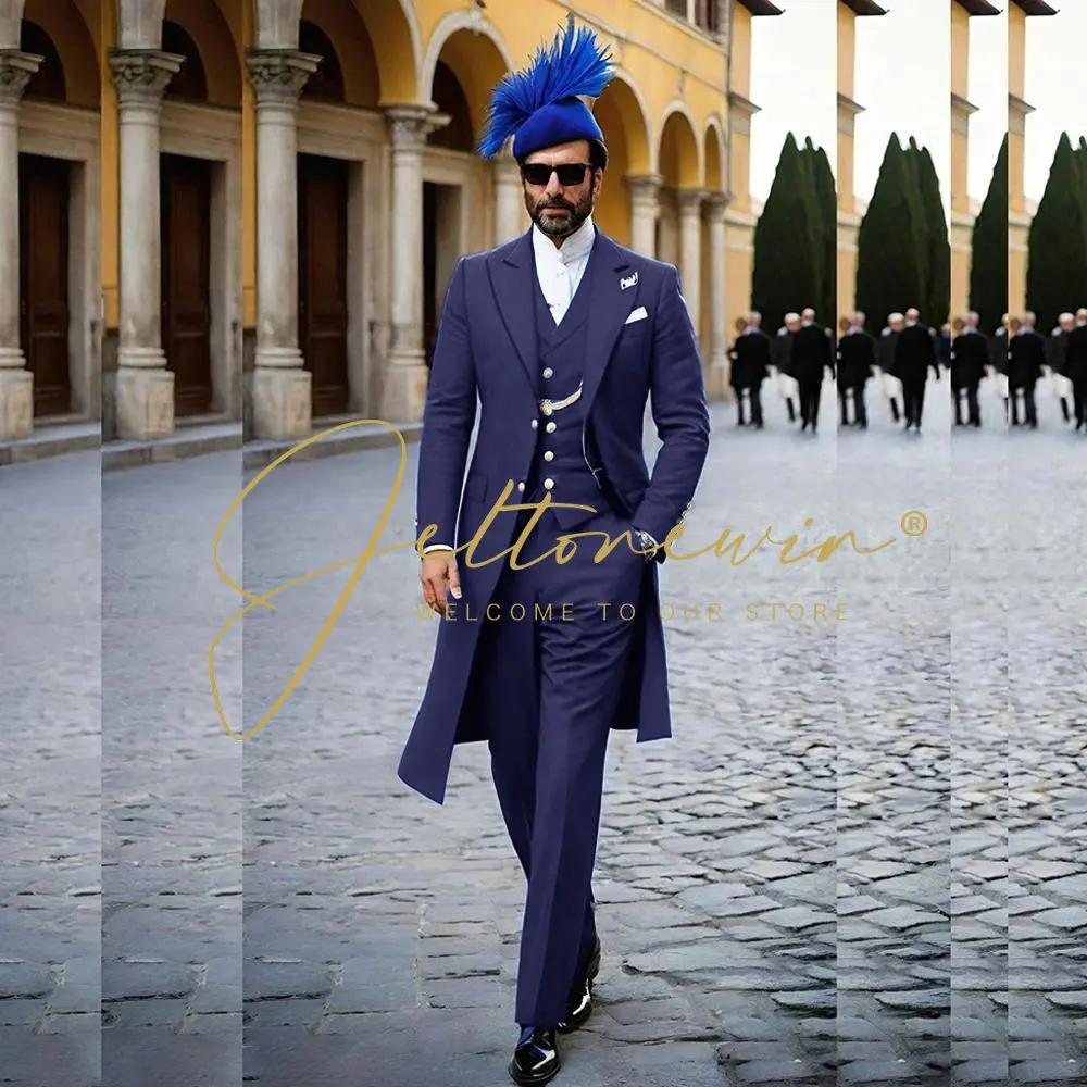 Costumes pour hommes bleu royal 3 pièces Veste longue Gilet Pantalon Revers en pointe Queue-de-pie Tenues Business Casual Tenue de bureau Mariage Smoking