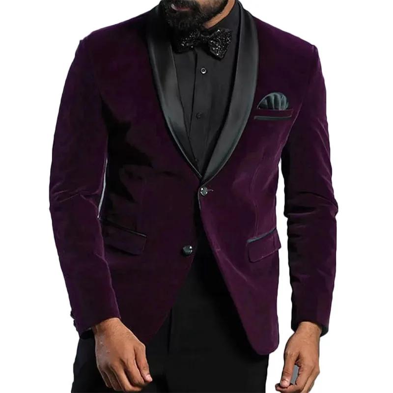 Blazer de costume en velours violet pour homme