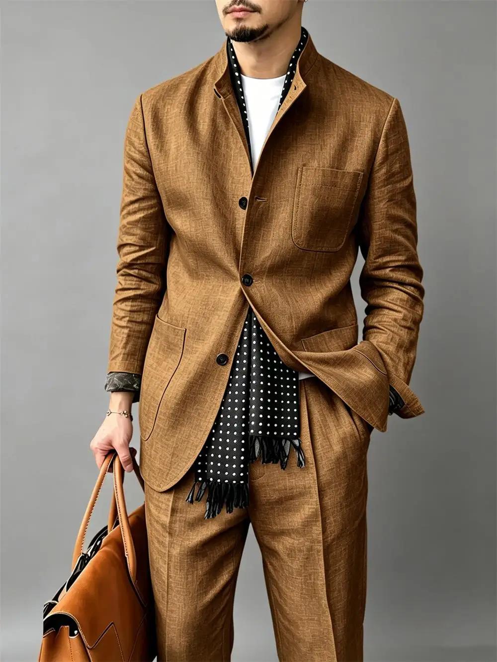 Ensemble de costume 2 pièces en lin mélangé pour homme