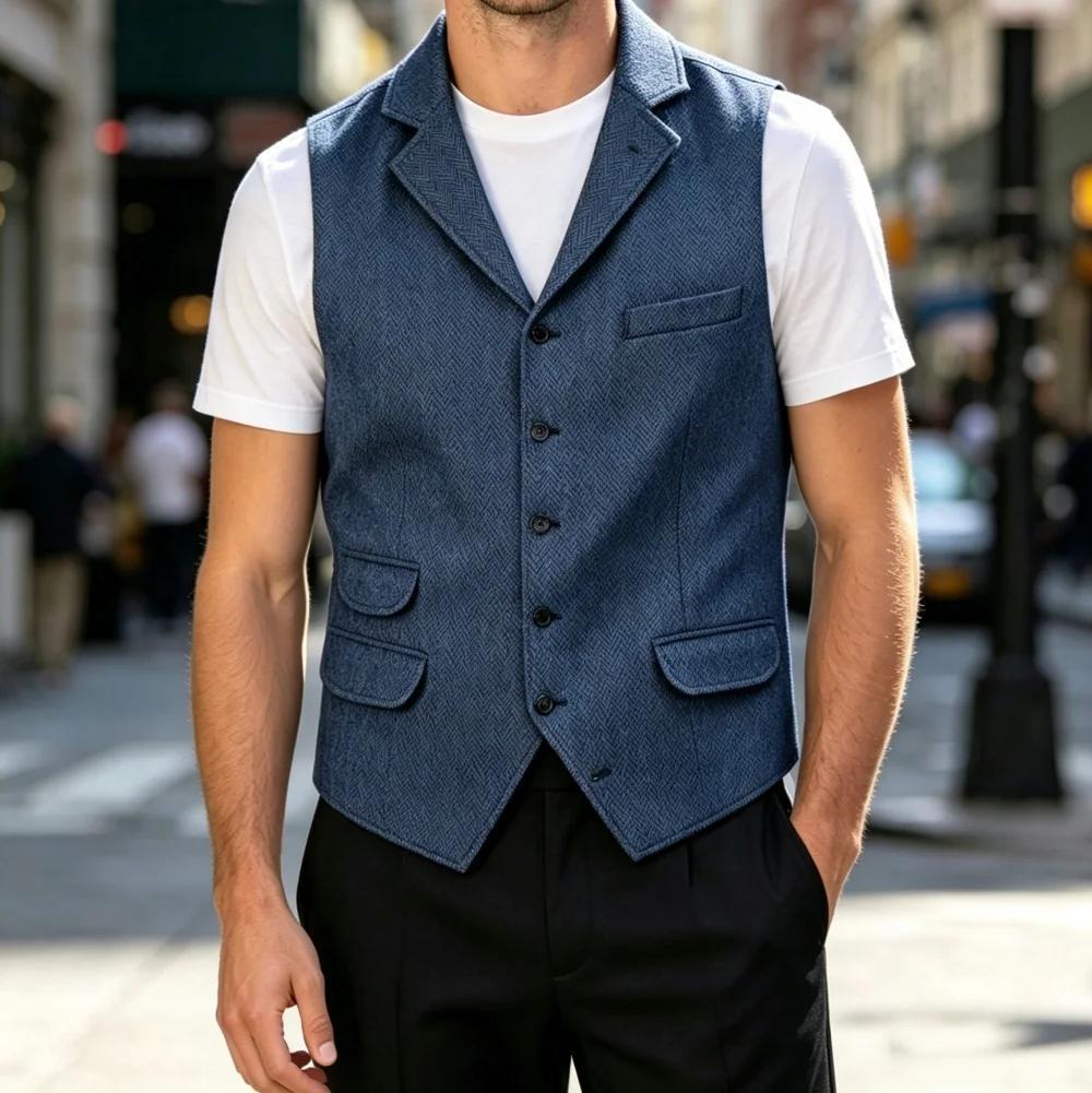 Gilet pour homme en tweed à chevrons, coupe ajustée, pour affaires et mariage