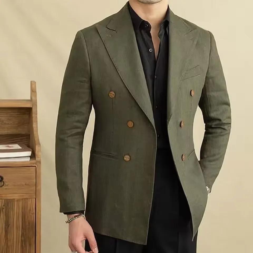 Blazer en lin vintage pour homme, croisé, à revers pointus, coupe ajustée, respirant, doux, infroissable, style business décontracté