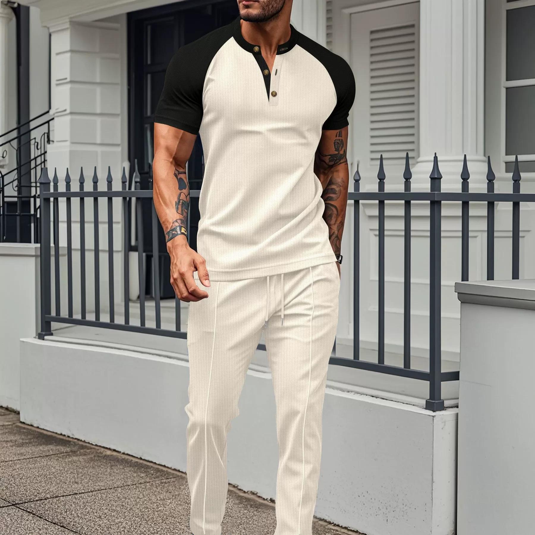 Costume pour hommes Europe et états-unis 2025 été couleur match décontracté col rond manches courtes
