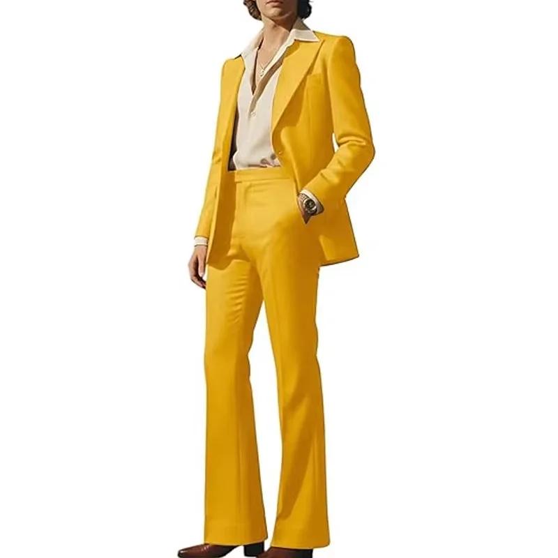 Costume Homme Couleur Unie 2 Pièces Tendance Rétro Évasé Blazer Simple Boutonnage Coupe Slim Tenue Formelle Affaires Mariage Soirée Bal de Promo