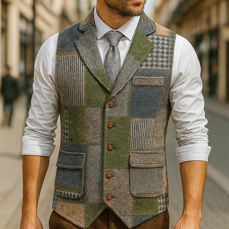 Gilet vert à carreaux en Tweed pour hommes