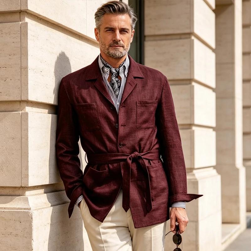 Blazer en lin pour homme avec ceinture