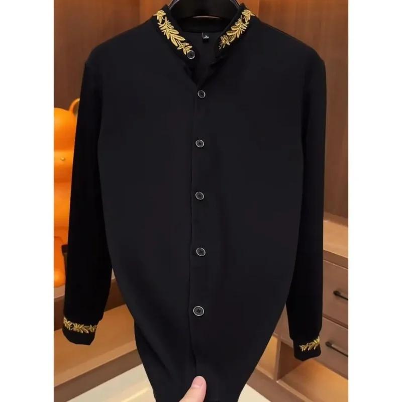 Chemise noire à manches longues et col Mandarin pour hommes