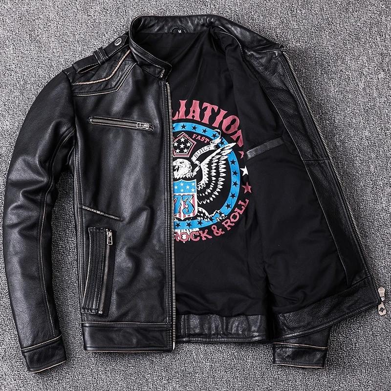 Veste en cuir de vachette véritable noir rétro pour hommes